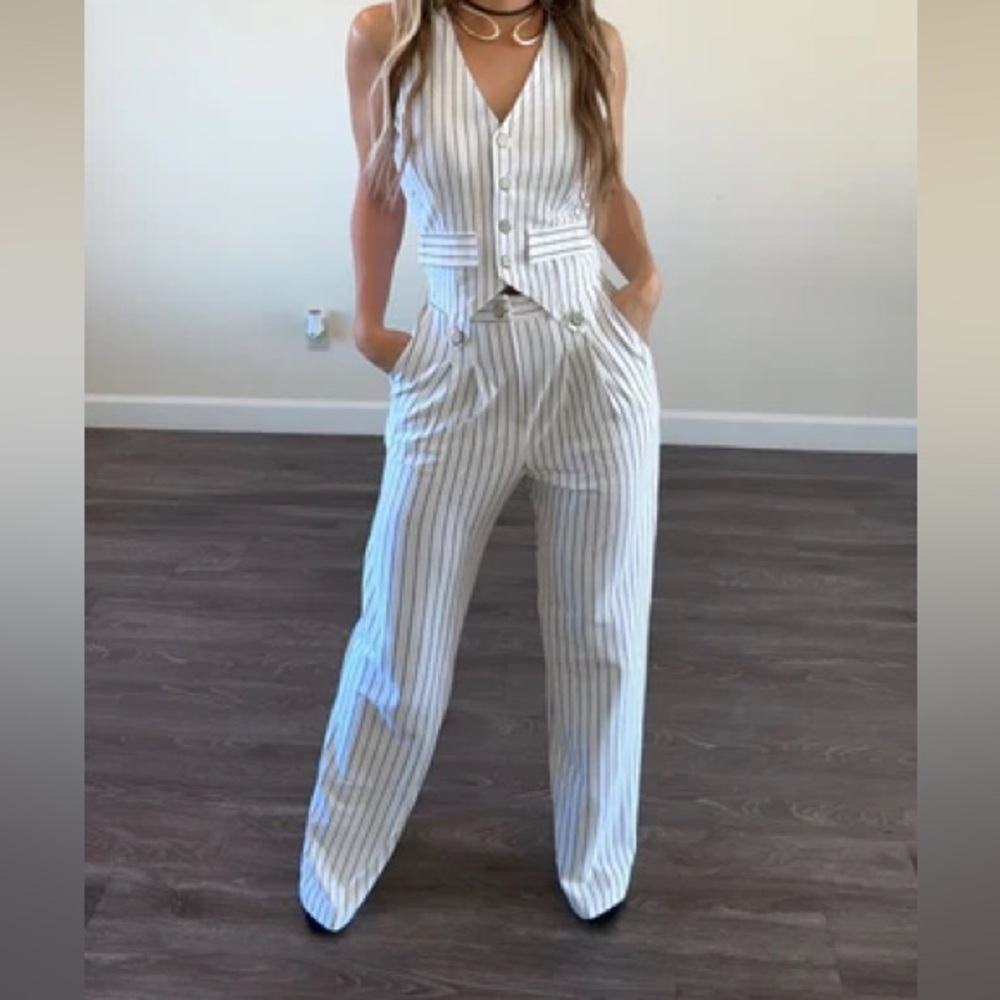 White Pin Stripe Vest Suit Sleeveless Jumpsuit